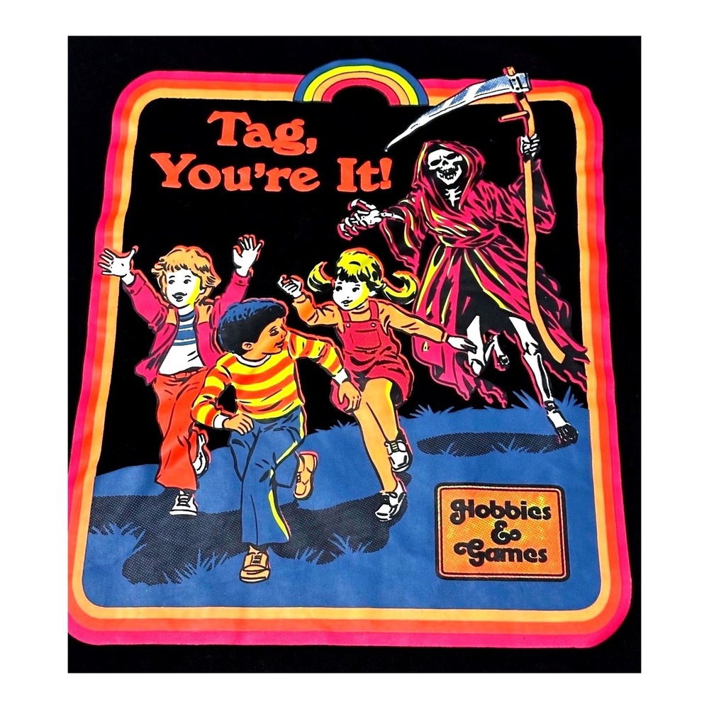 Romwe Tag Youre It Grim Reaper Graphic‎ T-Shirt Black Mens Small Retro Hobbies